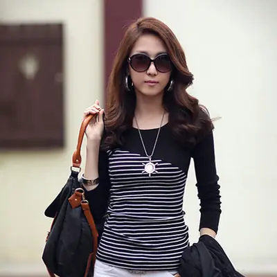 Women's 2021 Striped Long Sleeve T-Shirt Black White