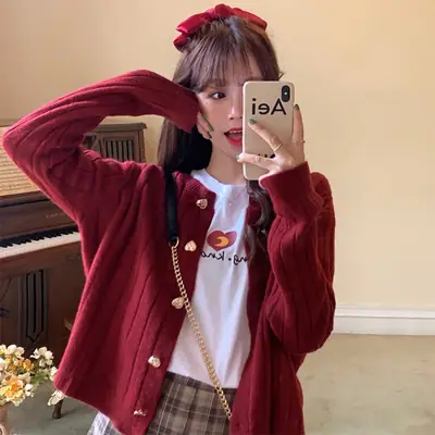 Sweet Love Button Cardigan Sweater Red Plaid Skirt