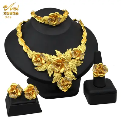 Dubai 24K Gold Jewelry African Bridal Jewelry Set Saudi Ladies Necklace Bracelet Earrings Ring Four-Piece Set