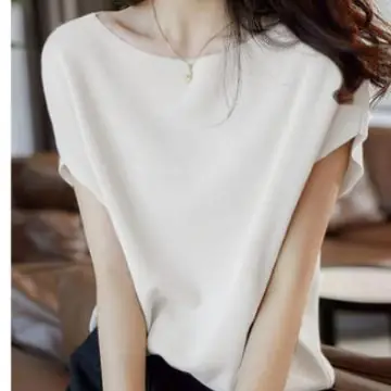 Women Ice Silk Collar T-Shirt Bat Sleeve Light Blue