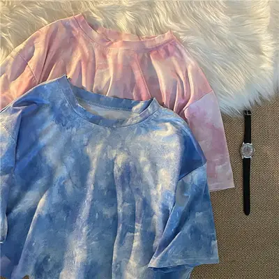 Blue Tie-Dyed Loose Sleeve T-Shirt for Women