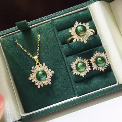 2021 Freshwater Pearl Set 8-9mm Peacock Green Black Pendant Earrings Ring 18K Pack Gold Light Luxury All-match Gift Giving