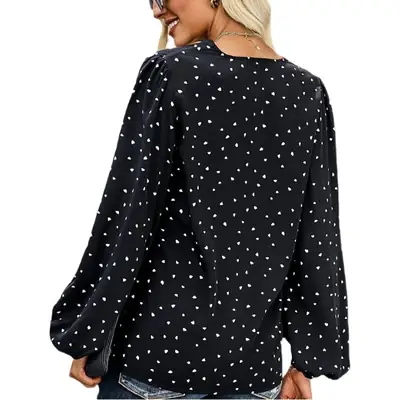 V-Neck Polka Dot Long Sleeve T-Shirt Black