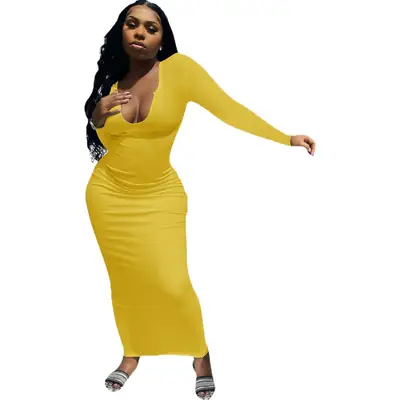 2022 Women's Yellow V-Neck Slim Fit Long Dress