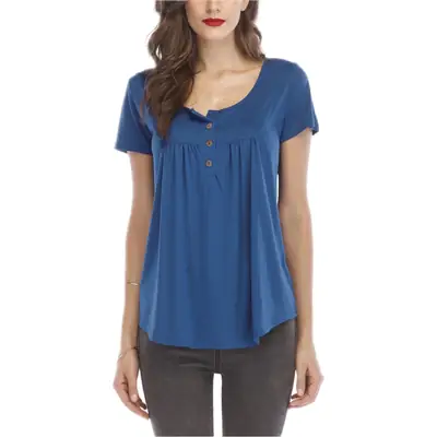 Women Blue Pleated Button T-Shirt Short Sleeve