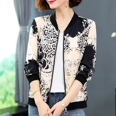 Women's Printed Chiffon Cardigan Jacket Black White Spring Autumn