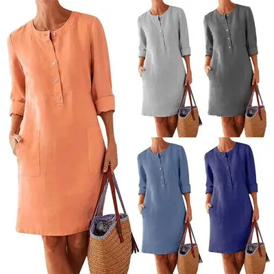 Plus Size Women Cotton Linen Round Neck Dress Grey