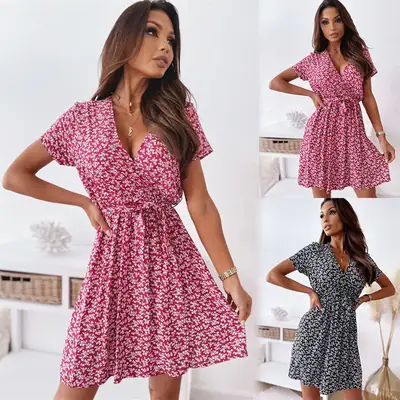 Women's Pink Floral V-Neck High Waist Skirt Dress