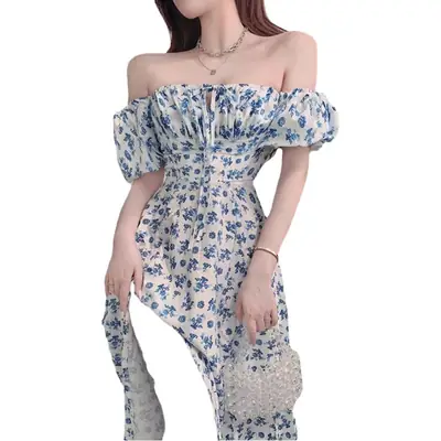 Blue Floral Long Split Dress Off-Shoulder Tea Break