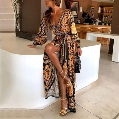 2023 Retro Printed V-Neck Long Sleeve Dress Large Swing Split