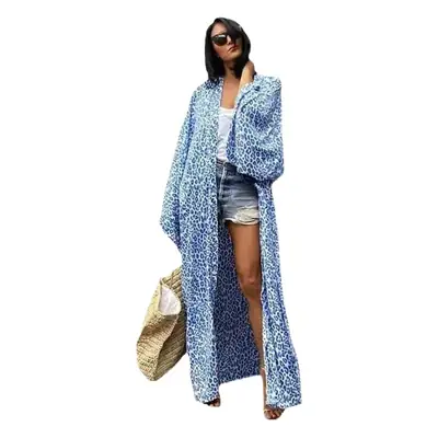 Blue Leopard Print Sunscreen Women's Beach Cardigan Set