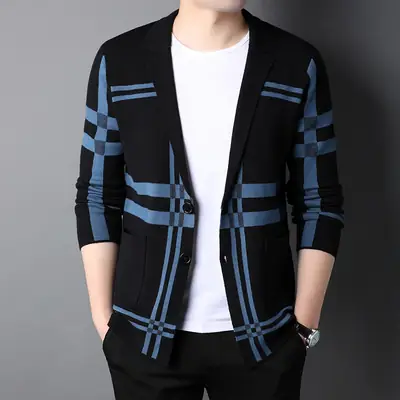 Men's Black Gold Plaid Knitted Jacket