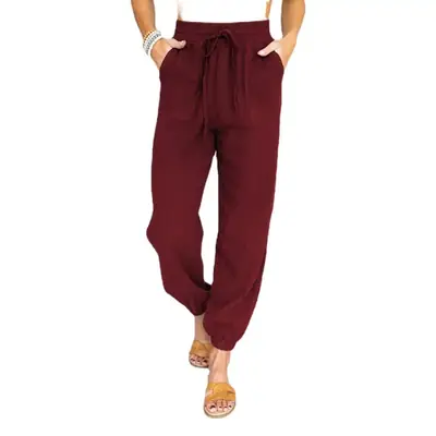 Women's White High Waist Casual Pants with Lace-Up Legs