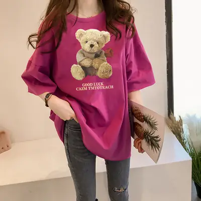 Women Milled Silk Short Sleeve Teddy Bear Print Summer Top