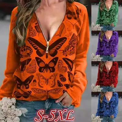 Women's Purple Butterfly Zipper T-Shirt Autumn Winter
