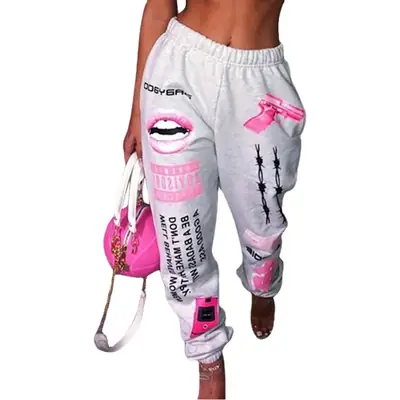 Women's 2021 Pink Lip Print Elastic Waist Harem Pants