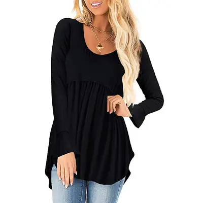 Black Bell Sleeve Pleated T-Shirt for Women