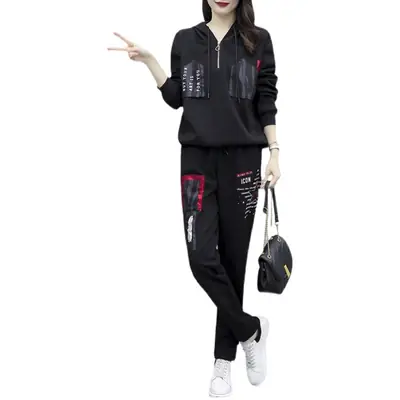 Women Printed Hoodie Sweatpants Set Black Winter Korean Style