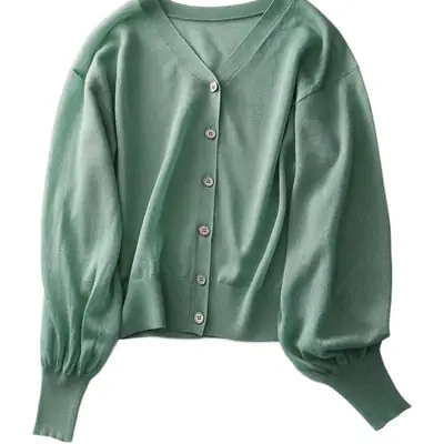 Green French Knit V Neck Cardigan with Puff Sleeve