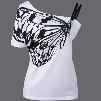 Women Butterfly Print T-Shirt White Plus Size Loose Fit