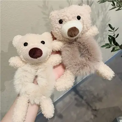 Soft Plush Teddy Bear with Gray Faux Fur Head and Rope