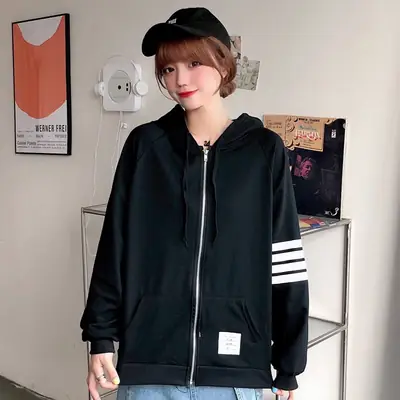 2024 Men's Black Zipper Hoodie with Stripes