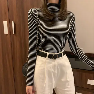 Women Black White Striped Turtleneck Shirt