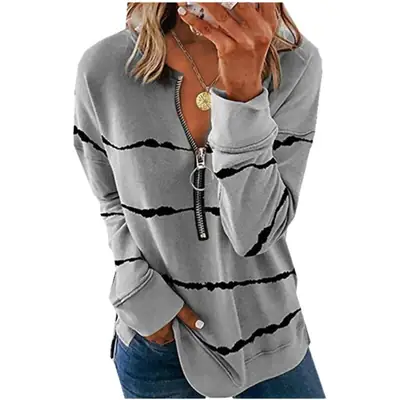 2024 Maroon Zipper V-Neck Long Sleeve Plus Size T-Shirt