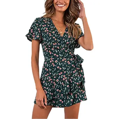 Green Lace-Up Ruffle Summer Dress for Women
