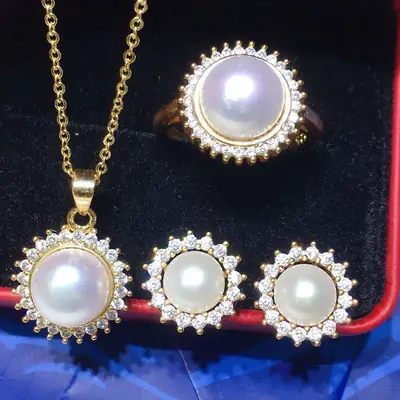 Freshwater Pearl Set 7-10mm White Pendant Earrings Ring Four-Piece Set