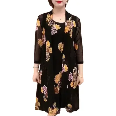Black Floral 2-Piece Dress for Women 40-50 Yrs