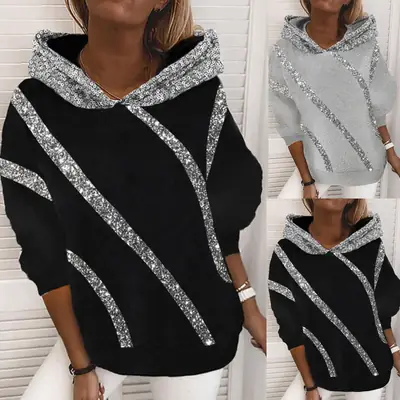 Black Sequin Hooded Sweatshirt Women Fall Winter