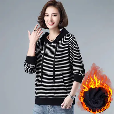 Women Fleece Lined Hooded Sweatshirt Black Striped 100kg