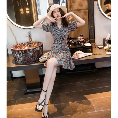 Waist-Cinching Floral Dress for Women Spring Summer