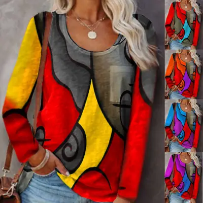 Women Geometric Print Long Sleeve T-Shirt Red Yellow Grey
