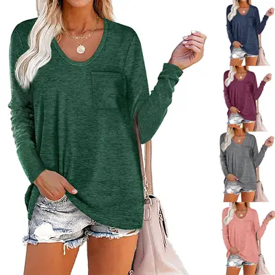 Women's Blue Long Sleeve T-Shirt with Patch Bag