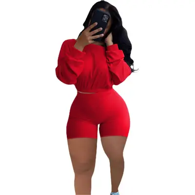 Women's White Crop Top & Shorts Set Autumn Ribbed Casual