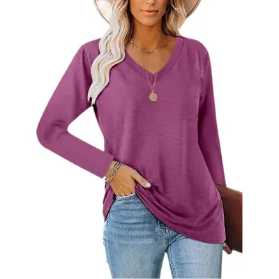 2021 V-Neck Long Sleeve Women's Gray T-Shirt