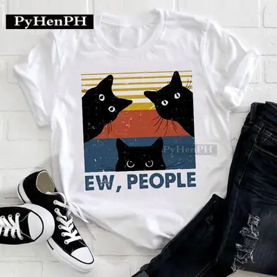 Women Cat Print T-Shirt Short Sleeve Loose Fit
