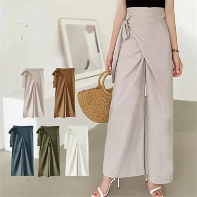 Women's Tie Waist Brown Pants Wide Leg Casual