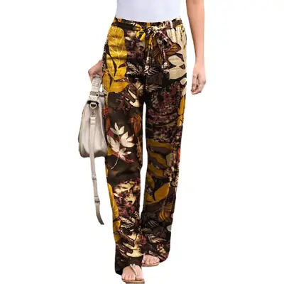Women Printed Cotton Linen Trousers Black Floral Elastic Waist