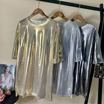 Plus Size Shiny Silver T-Shirt 2025 Summer