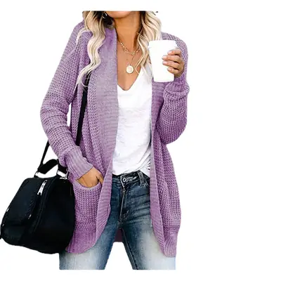 Women's Red Waffle Knit Cardigan Large Flap Pocket