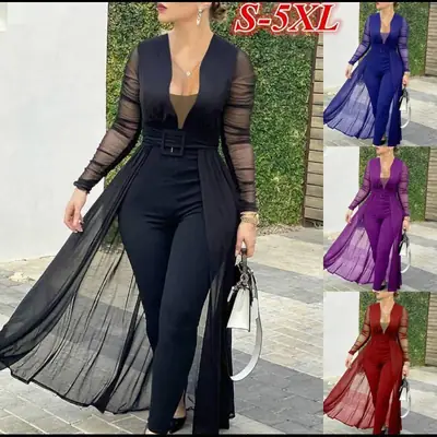European American Culottes New Pure Color Deep V Neck Long Sleeve Slim Jumpsuit Q033