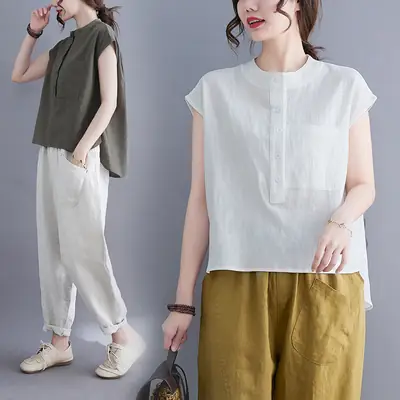 Women Black Flap Pocket Button Collar Shirt Cotton Linen