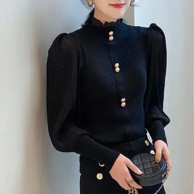 Women Knitted Puff Sleeve Sweater White 2023