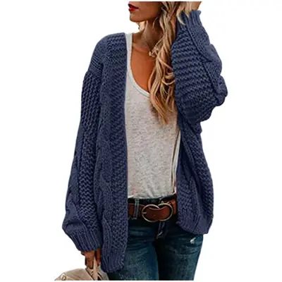Women's Thick Needle Twist Knit Cardigan Grey Mid Length