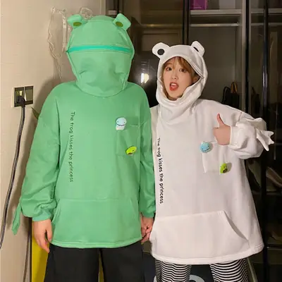 Women Korean Hoodie Set Green White Fleece Lined