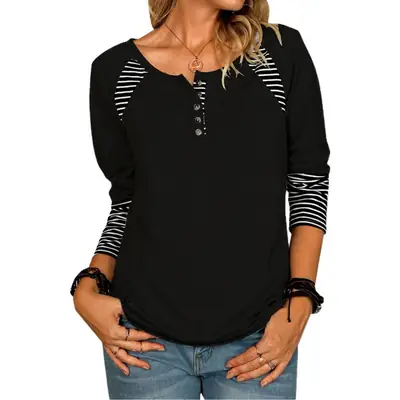 Women Long Sleeve Striped T-Shirt Grey with Button Front