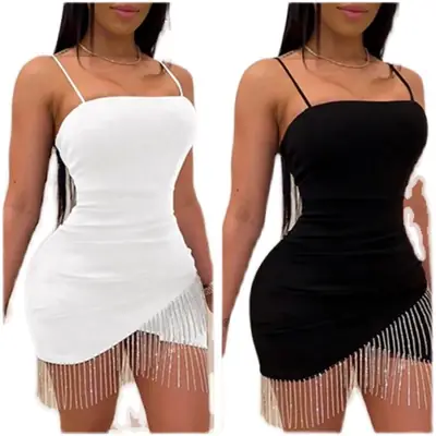 2023 Slim Sexy White Tassel Skirt Dress with Strap